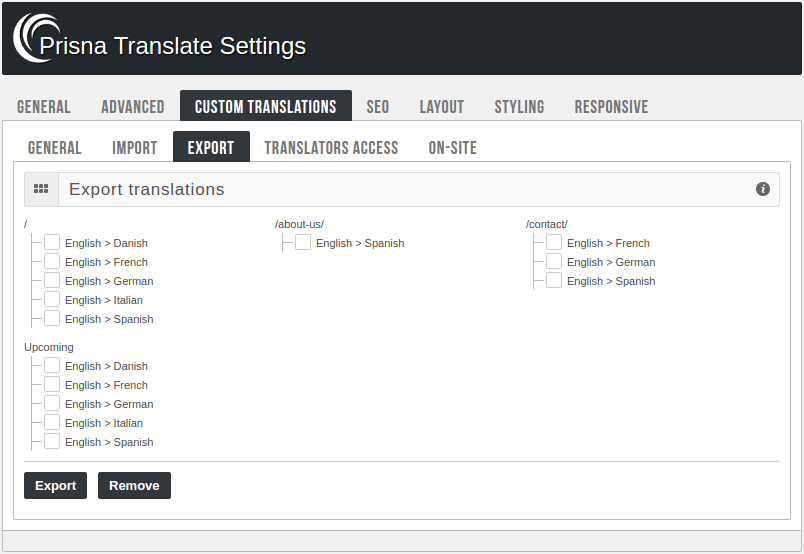 Panel de administración - Exportar traducciones