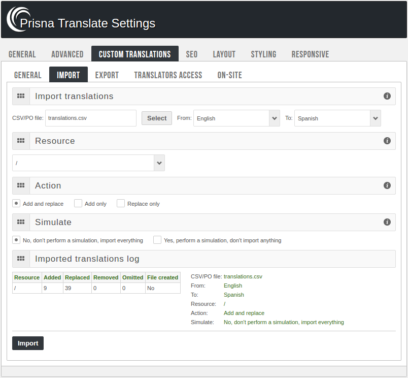 Panel de administración - Importar traducciones