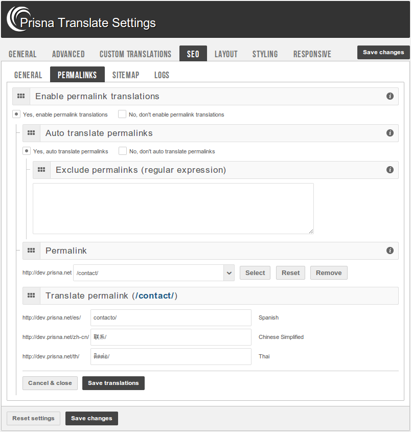 Admin panel de - Motores de búsqueda - Traducir permalinks