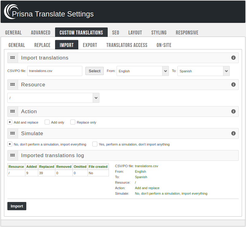 Panel de administración - Importar traducciones