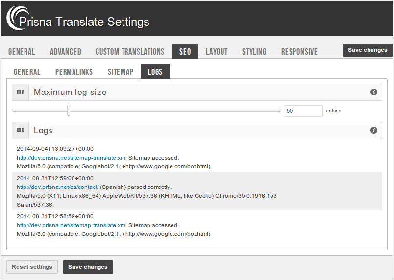 Admin panel - Search engines - SEO logs